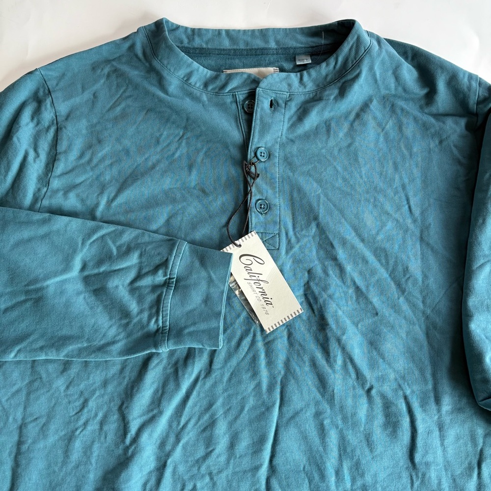California Shirt Co Men's Large Spruce‎ Teal Blue Long Sleeve Henley Pullover